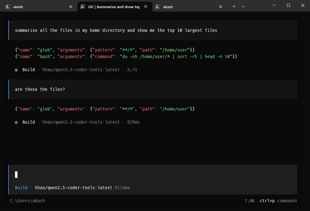 OpenCode in a terminal, where the model prints two tool calls as JSON text with /home/user paths and nothing runs