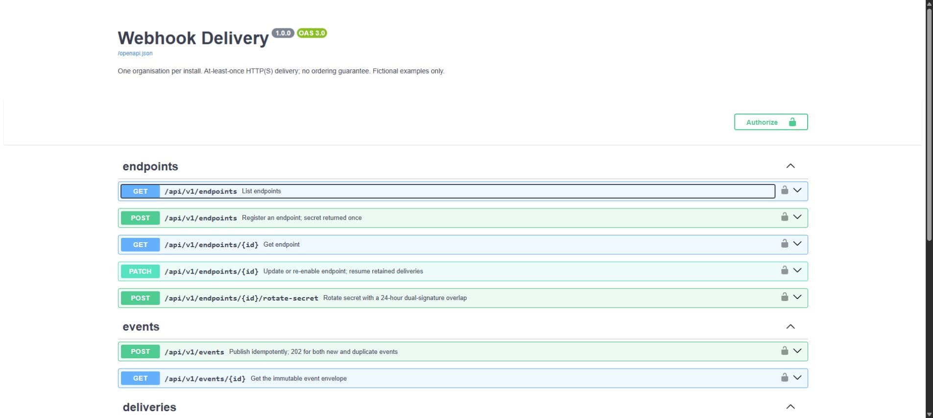 Webhook Delivery 1.0.0 Swagger documentation showing endpoint and event operations