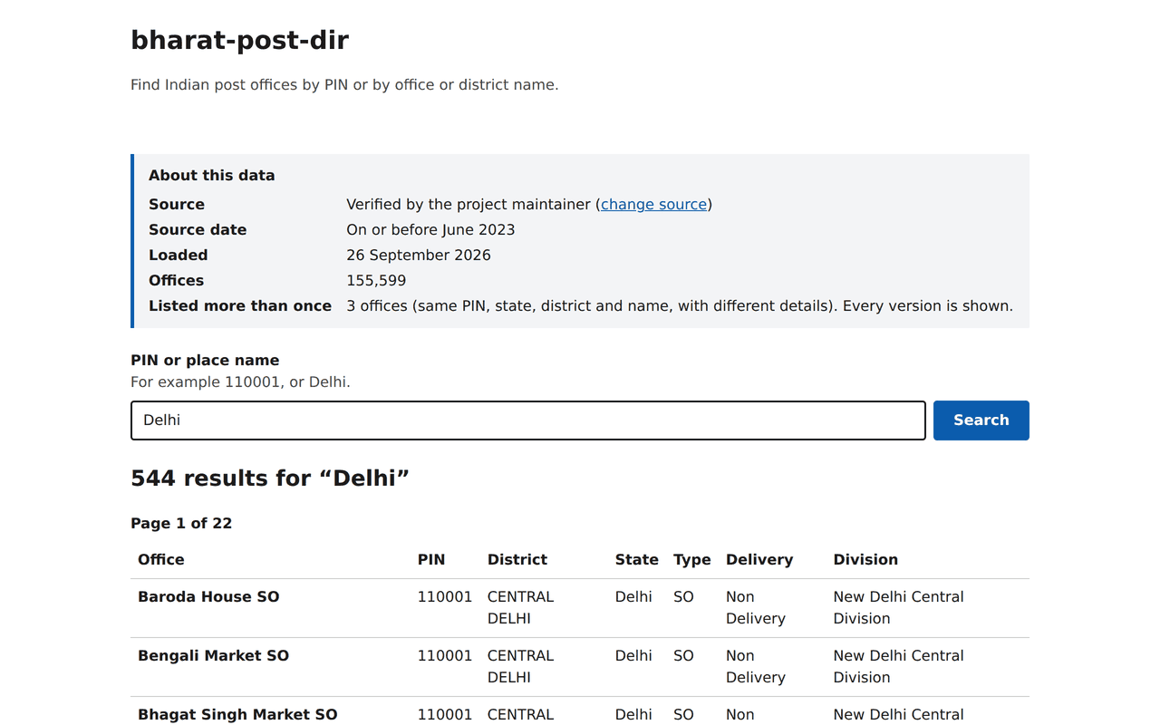 bharat-post-dir lookup page showing Delhi results and the dataset source information