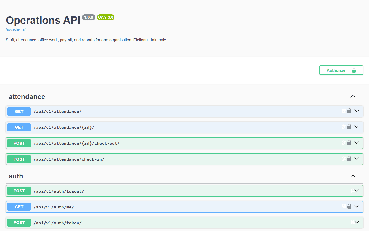 Operations API Swagger documentation showing attendance operations