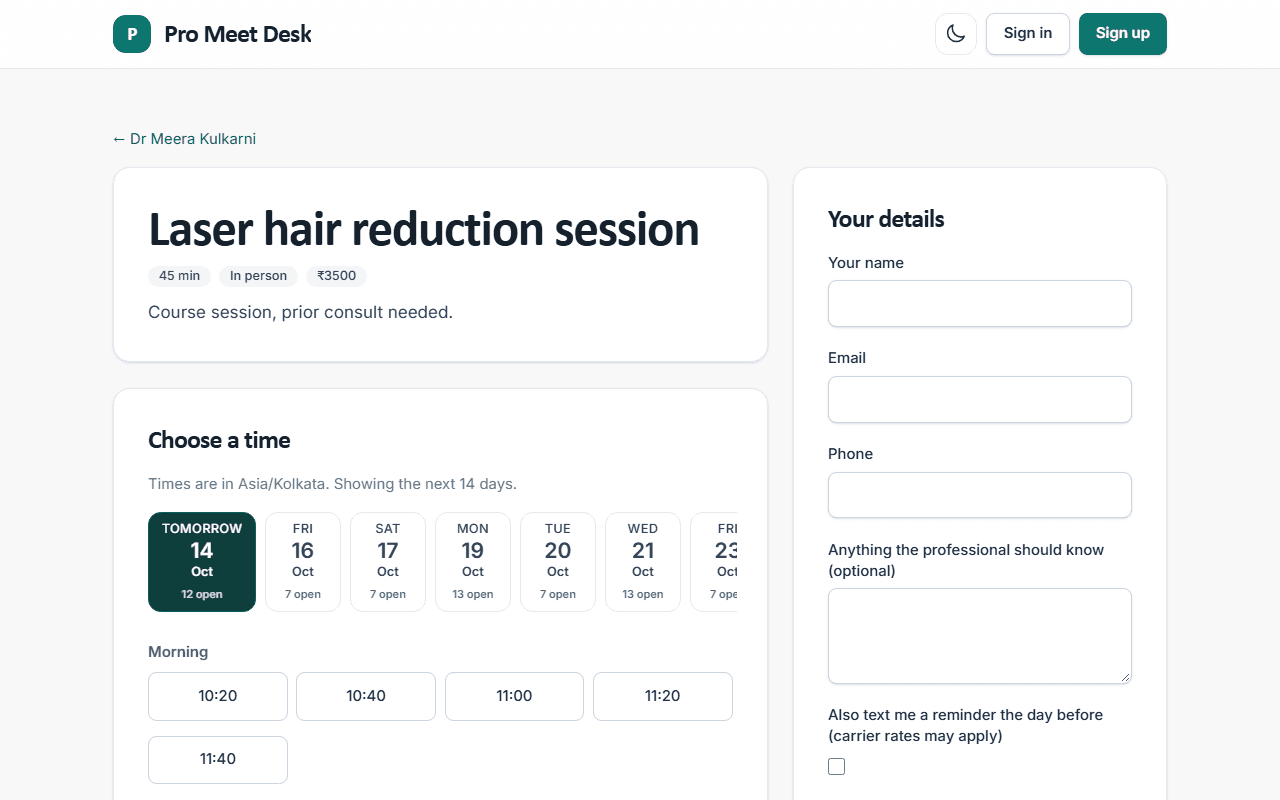 Pro Meet Desk live demo booking page with a day picker, time slots and the guest details form, using dummy data