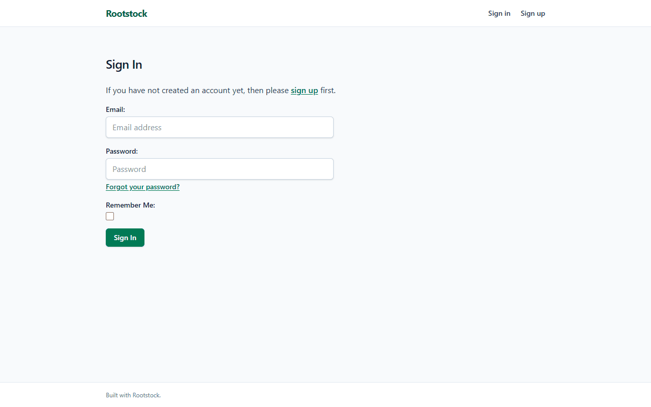 The sign-in page of a new Rootstock project, captured from the development server